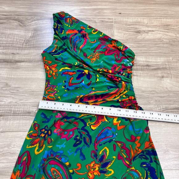 Lauren Ralph Lauren Dress One Shoulder Bodycon Festive Green Paisley Size 2 - Picture 6 of 9